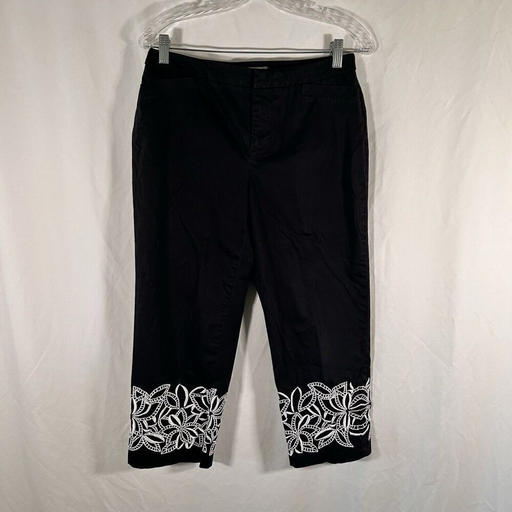 Coldwater Creek Pants Women 6 Black White Embroidered Floral Cropped Natural Fit